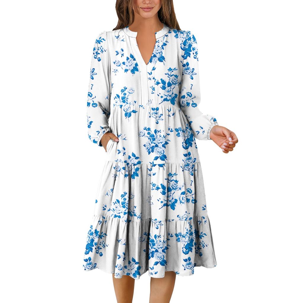 Women's V-Neck Flowing Layered Bohemian Long Sleeve Floral Print Dress