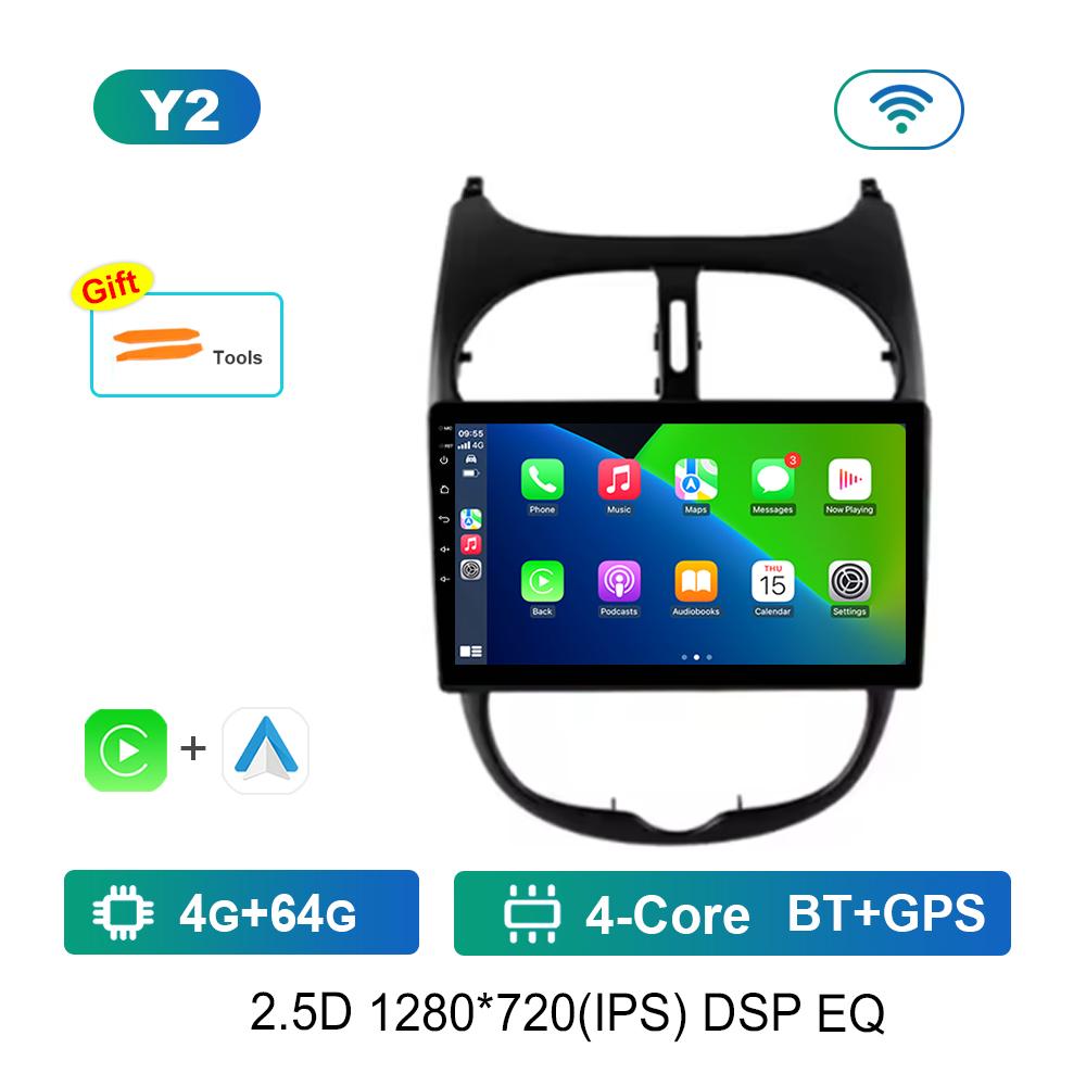 9 Inch Navigation GPS 4G Carplay for Peugeot 206 2001 - 2016 Android OS Car Video Multimedia Player BT QLED Touch Screen WiFi