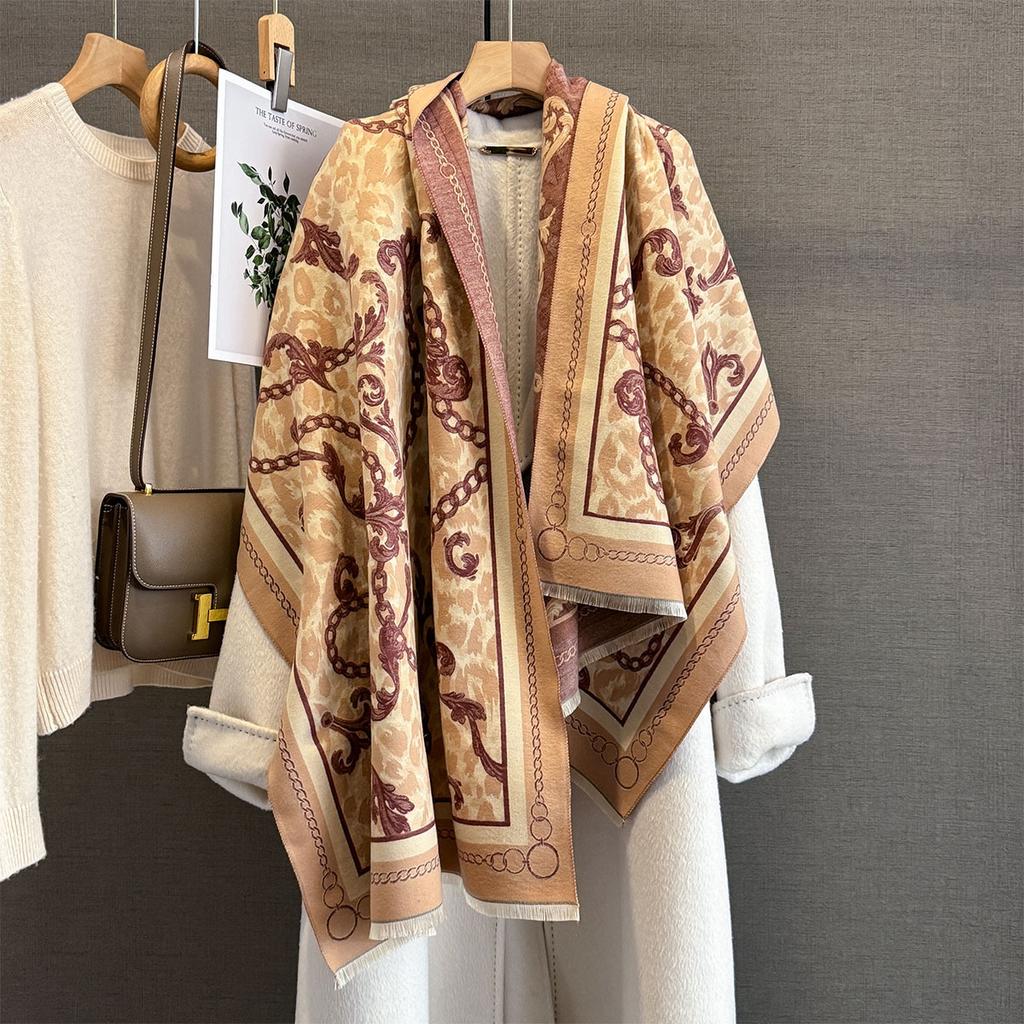 Autumn Versatile Leopard Print Chain New Imitation Cashmere Jacquard Scarf Women's Thickened Warm Scarf with Cape Long Scarf