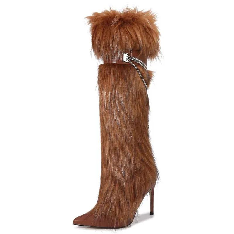 Fashion New High-heeled Pointed Niche Design Chain Hairy Boots European American Fashion Black Red Spicy Girl Sexy Women's Boots Size 43