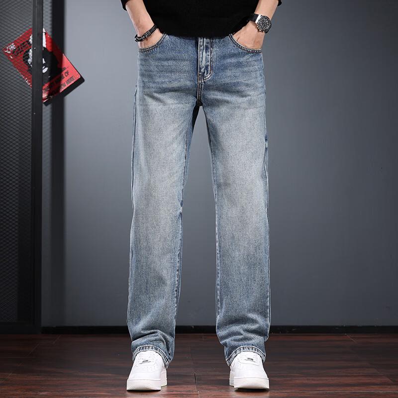 

Jieleinuo Men s Loose Fit Straight-Leg Washed Blue Jeans 32