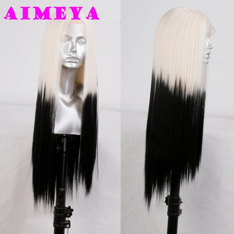 AIMEYA Ombre Pink Synthetic Lace Front Wigs for Women 13x4 Platinum Blonde Roots Pink Wig Long Silky Straight Colorful Wigs