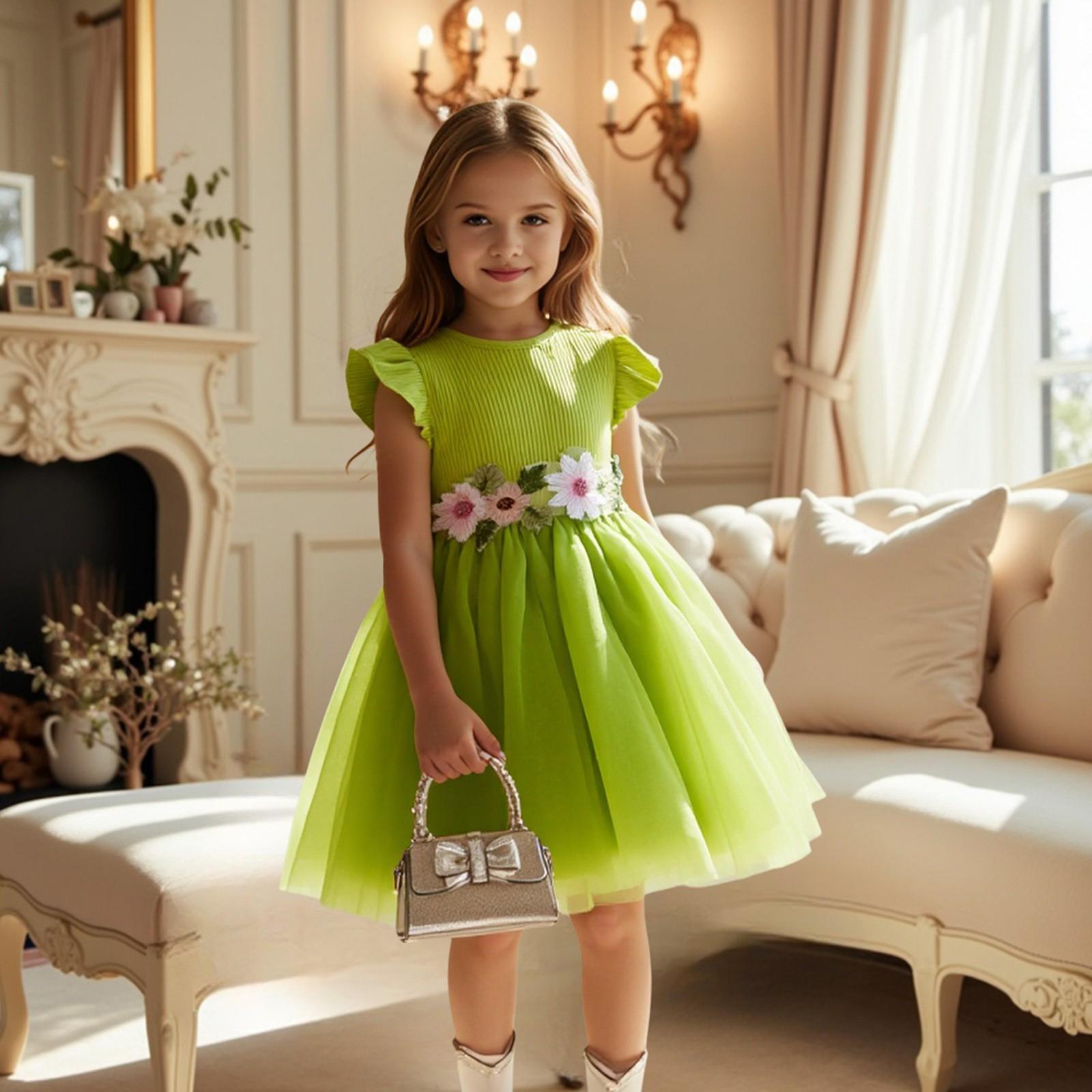 

Летнее платье принцессы для девочек, сетчатое вечернее платье с короткими рукавами 130 зелёный