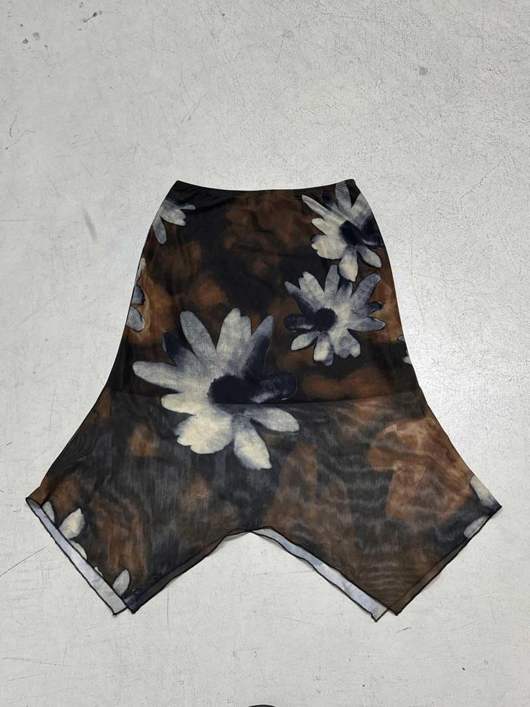 American Retro Floral Mesh Irregular Low Waist Vacation Skirt