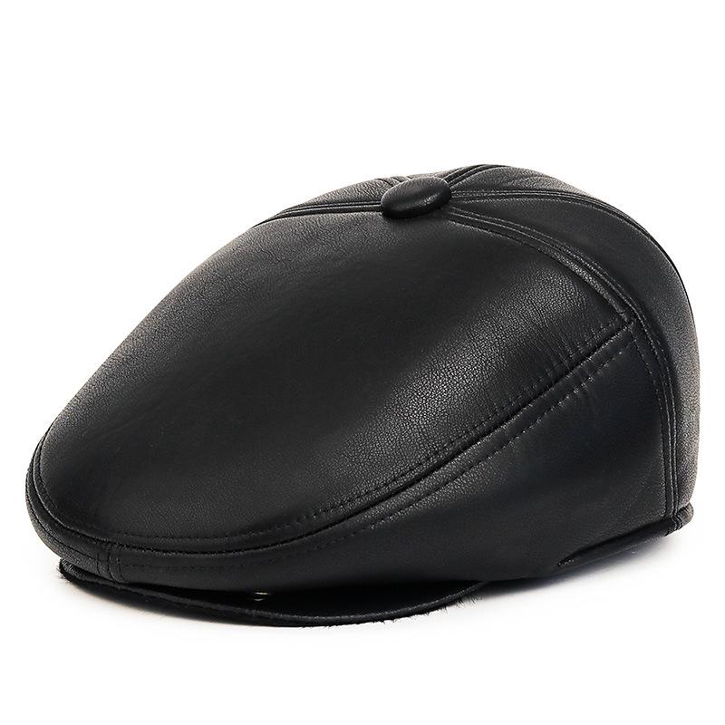Men's Autumn-Winter Velvet-Lined PU Duckbill Cap with Ear Protection for Elderly