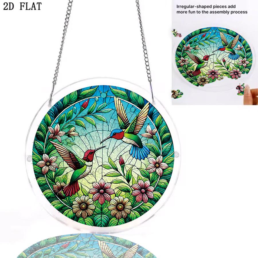 2D Flat, 1pc, 2D Flat Design Featuring a Hummingbird and Floral Stained Glass Theme, 2D Acrylic Jigsaw Suncatcher Window Hanging Decoration, Suitable