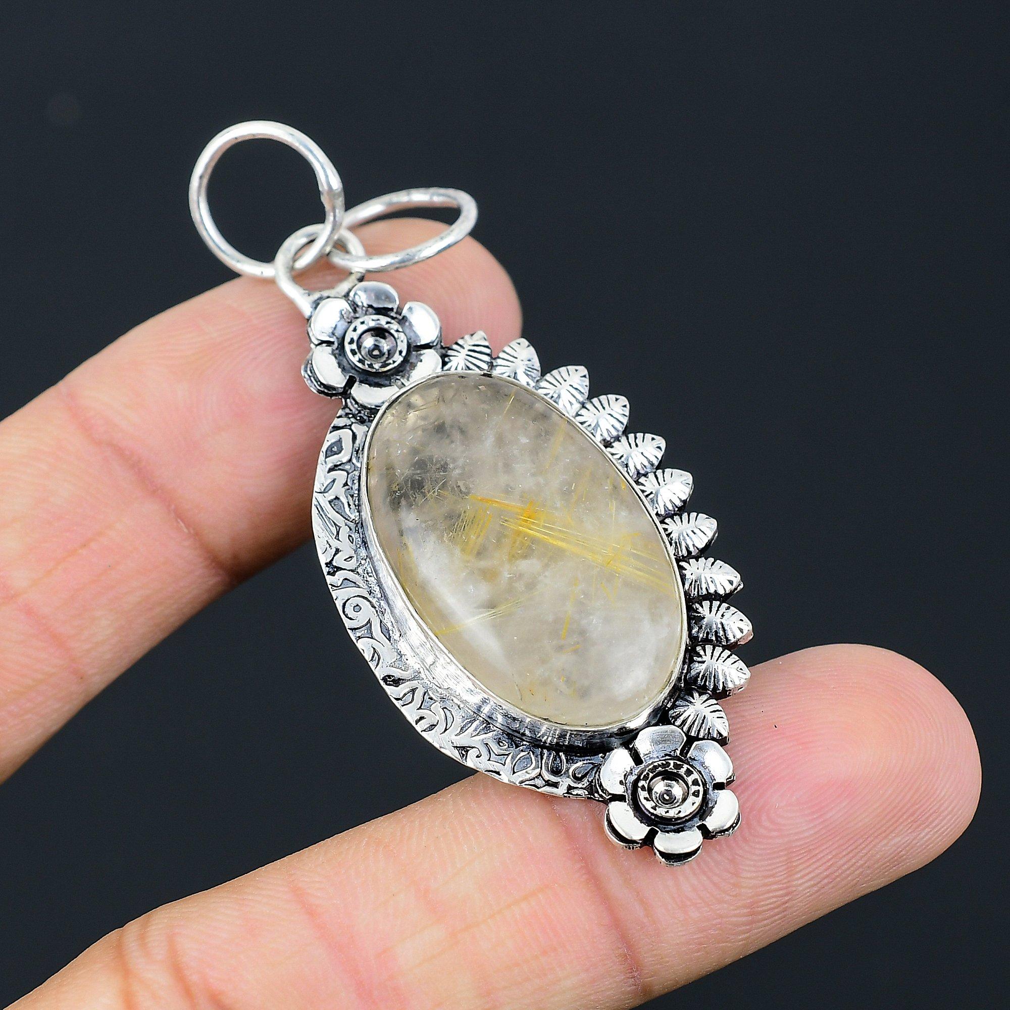 

Birthday Gift For Her Natural Golden Rutile Gemstone Pendant Flower 925 Silver