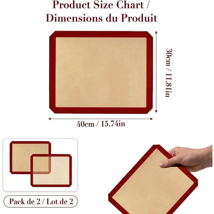 Silikon-Backmatte mit Glasfaser 40x30 cm (Packung mit 2) Wiederverwendbar, Antihaft, Hitzebeständig 250°C, Alternative zu Papier