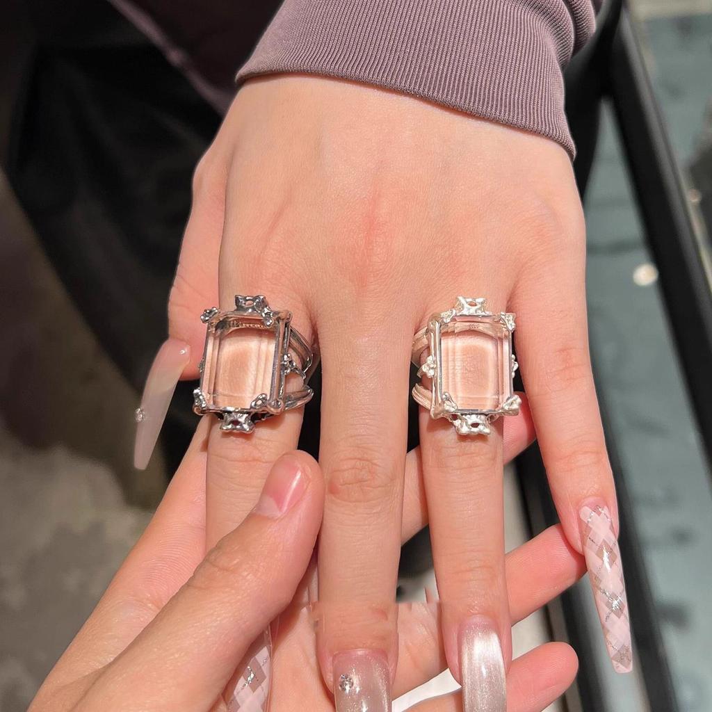 Fresh original transparent square white crystal rings for women luxurious and minimalist ring adjustable banquet  gift