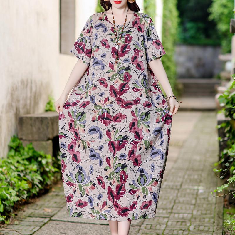 Vintage potisk Dlouhé šaty pro ženy Nadměrná velikost Volný Krátký rukáv Móda Elegantní Dámské šaty Letní Vintage oblečení