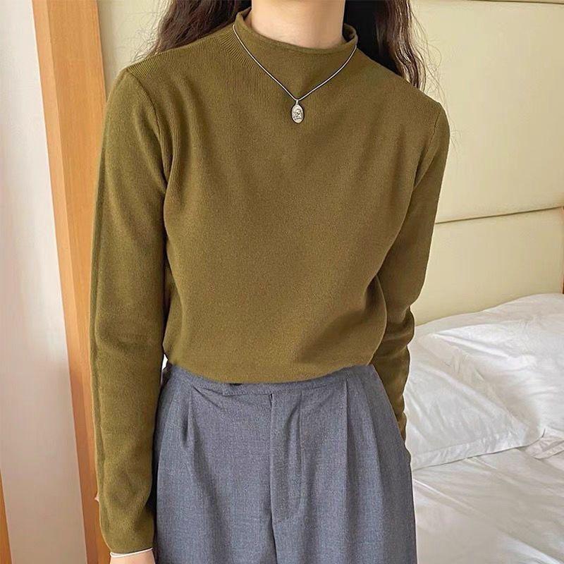 Maglione Base a Mezzo Collo da Donna Stile Coreano All-Match Vestibilità Aderente con Temperamento e Calore Lavorato a Maglia per Autunno e Inverno