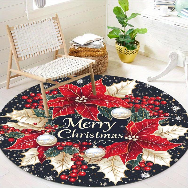 1pc Festive Christmas Round Mat with Poinsettia, Holly Berries and "Merry Christmas" Text - Non-Slip for Living Room, Bedroom