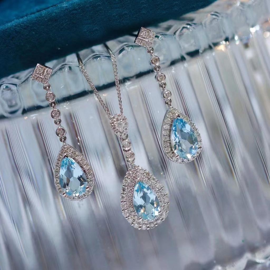 Hellseeblaue Edelstein-Ohrringe für Damen Halskette Luxus Hochwertig und Elegant Voll Diamant Wassertropfen Schmucksets