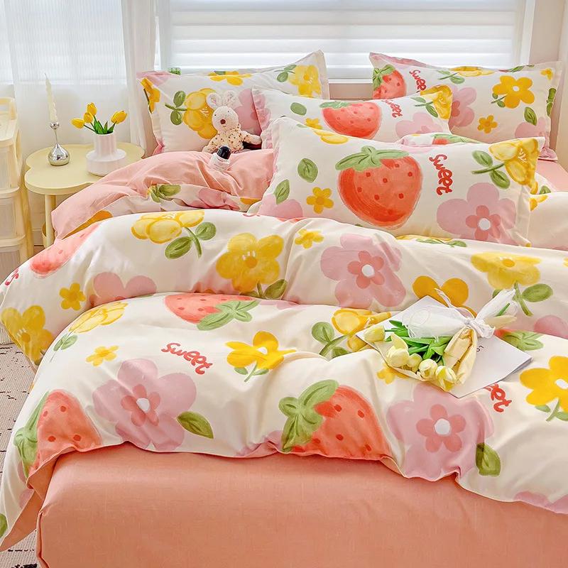 Skin-Friendly Twill Fabric Bed Sheet Four Piece Set Ab Double-Sided Color Blocking Bedding Sets Flower Printed Quilt Cover