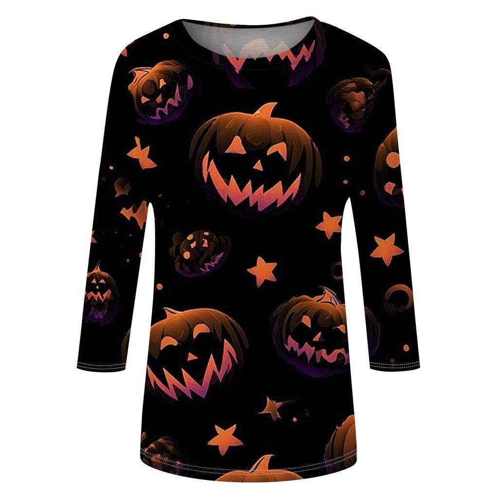 Women's Fashion Casual Round Neck Three-quarter Sleeve Halloween Printed T-shirt Top