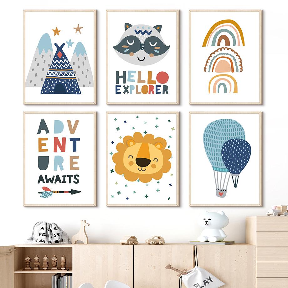 

Лев, енот, палатка, стрела, цитаты о приключениях, мультяшная живопись на холсте, плакаты на скандинавскую тему и принты, настенные панно для мальчиков, декор для детской комнаты