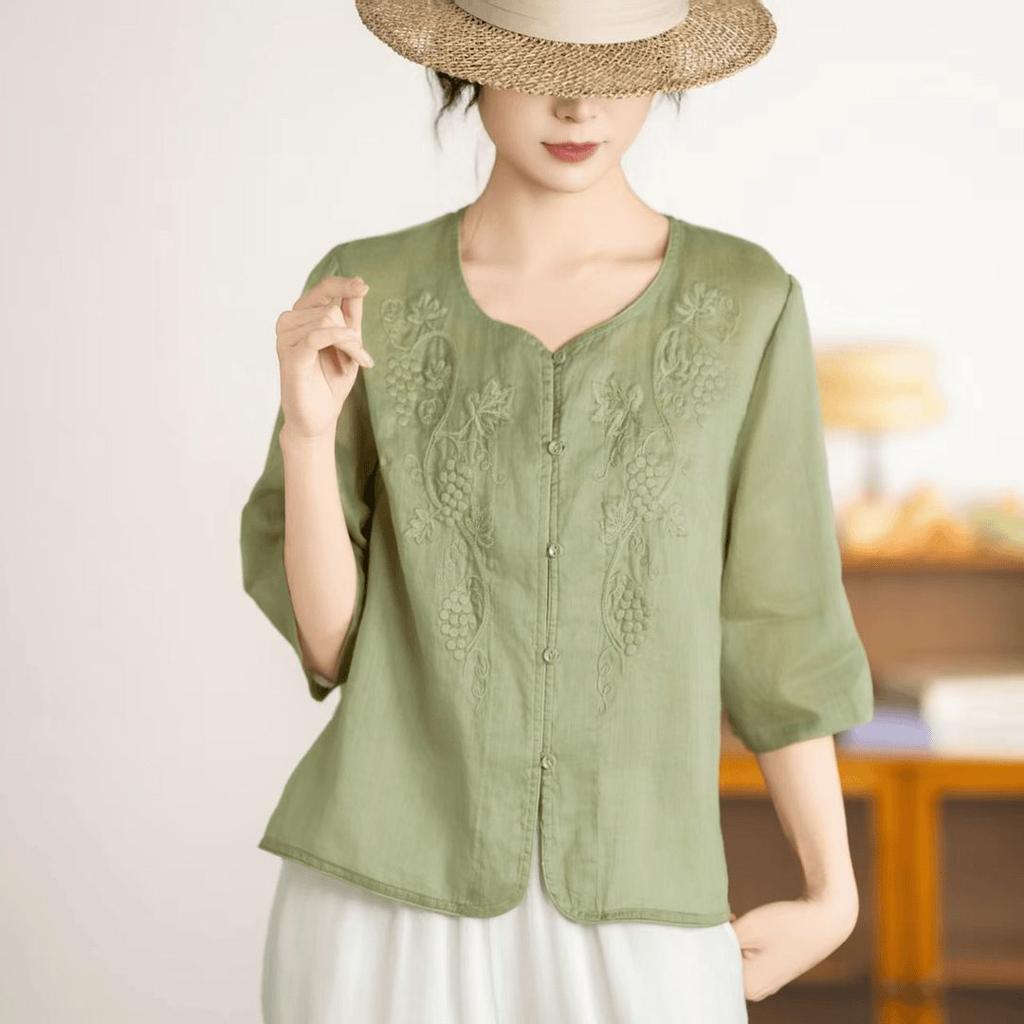 Summer New Five Quarter Sleeve Embroidered Women's Versatile Solid Color Shirt for Middle-aged