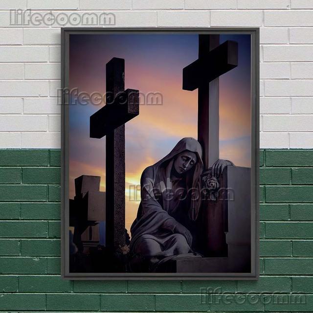 The Statue Of The Holy Angel And The Virgin Guarding The Cemetery Wall Art Canvas Painting Sacred Sculpture Art Poster And Print No Frame