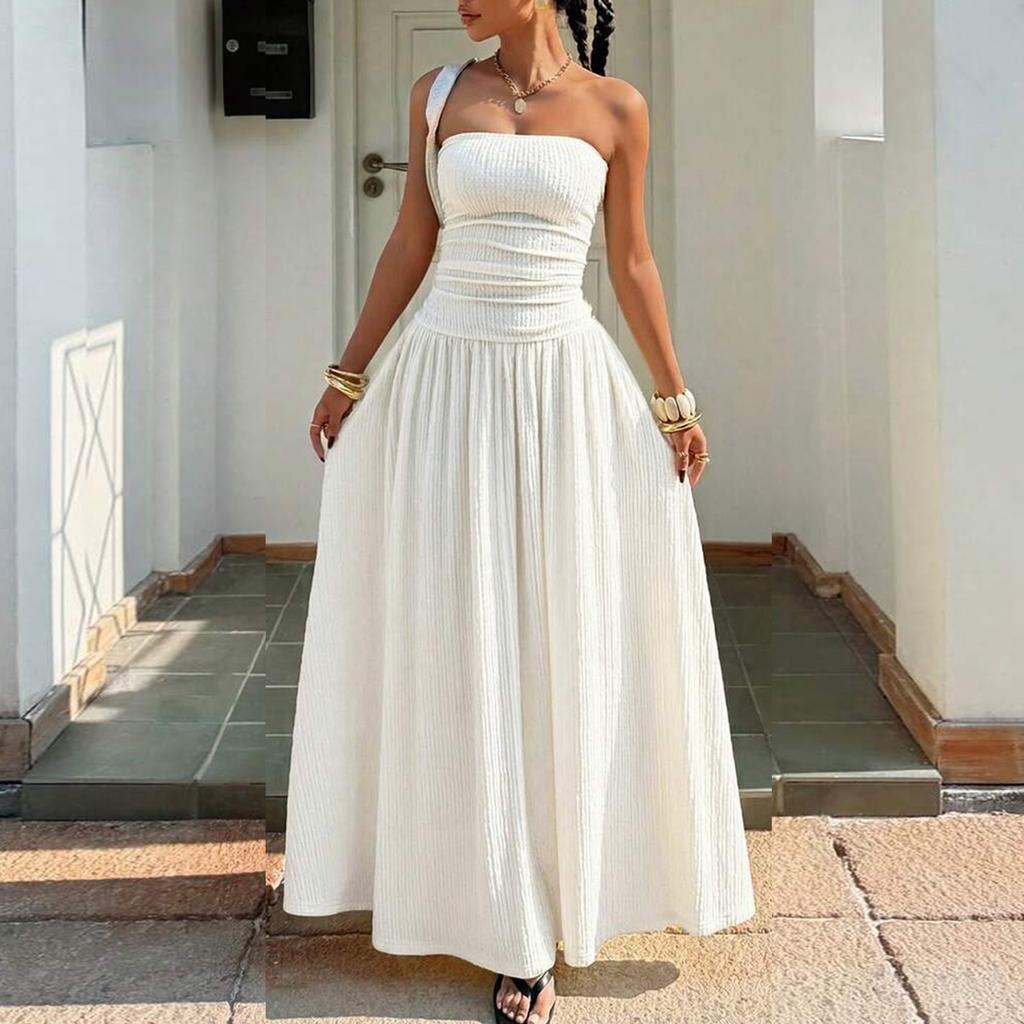 Sleeveless Strapless Tube Dress Women's Casual Fashion Slim Fit Elegant Long Maxi Dress with Pleated Skirt Design for Summer
