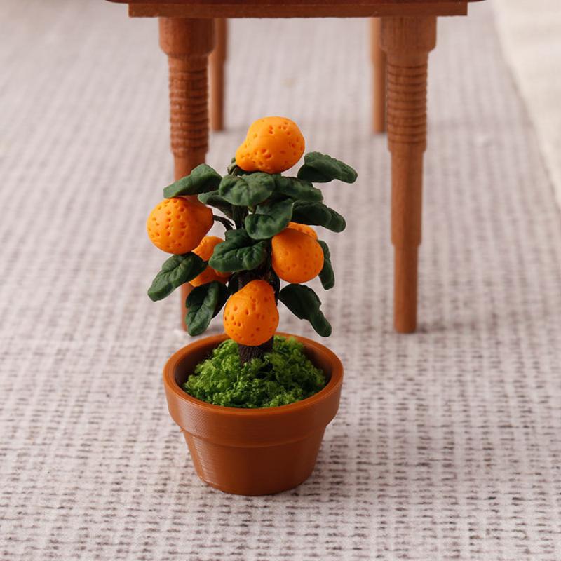 Miniature Orange Tree Potted Plant Ornament 1:12 Dollhouse Fruit Tree Bonsai Decoration Model Toy Micro Landscape Photo Props