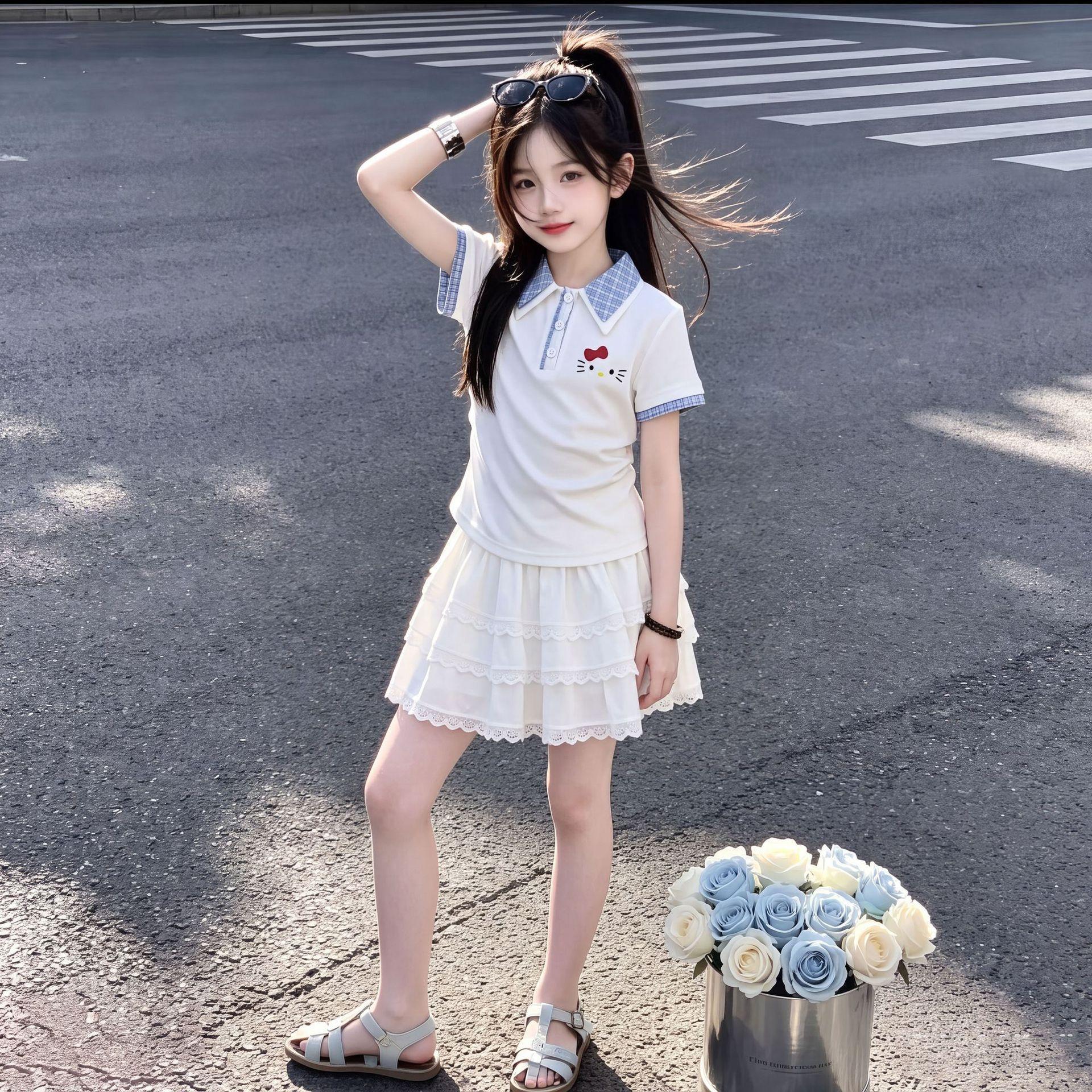 Girls Summer Polo Neck Short Sleeve Top with Lace Trimmed Tiered Dress Set 120