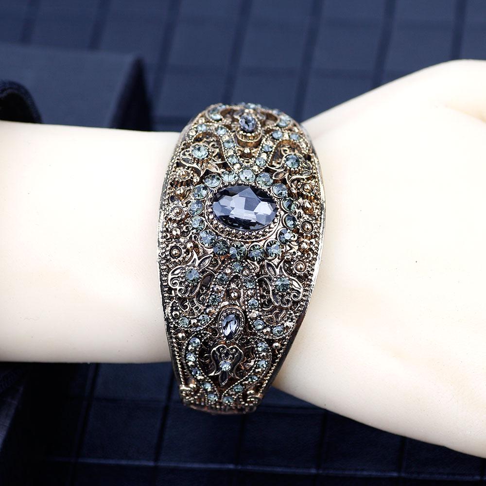 Vintage Grey Crystal Charm náramok pre ženy Turecký náramok Retro Gold Color Bohemia svadobné šperky