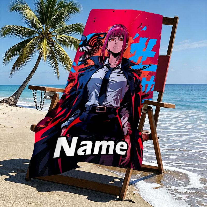 Custom Name Personalized Makima Chainsaw Man Print Beach Towel, for Trip Camping Beach Party Home Decor, Birthday Gift for Family & Friends