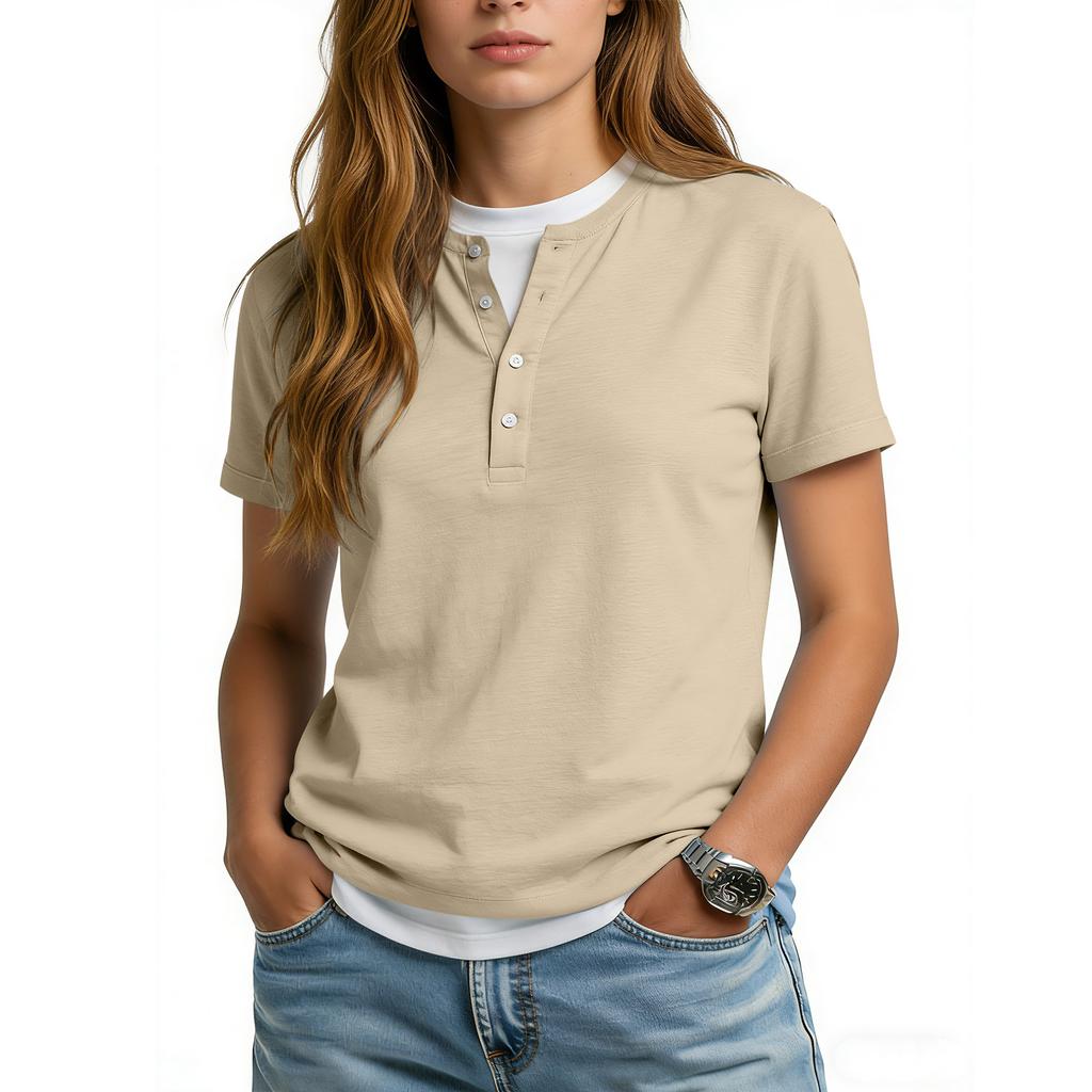 Women's Casual Color V,neck Short,sleeved T,shirt With Decorative Buttons.