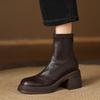 Autumn and Winter Round Head Solid Color Large Size Leather Boots Rear Zipper Middle Heel Round Head Comfortable Square Heel Thick Bottom Non-slip M