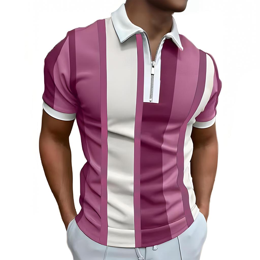 Men's Casual Striped Zipper-Collar Short-Sleeve Shirt
