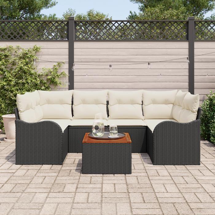Ensemble de Canapés de Jardin 7 pièces avec Coussins Noir en Poly Rattan Acacia 3356073