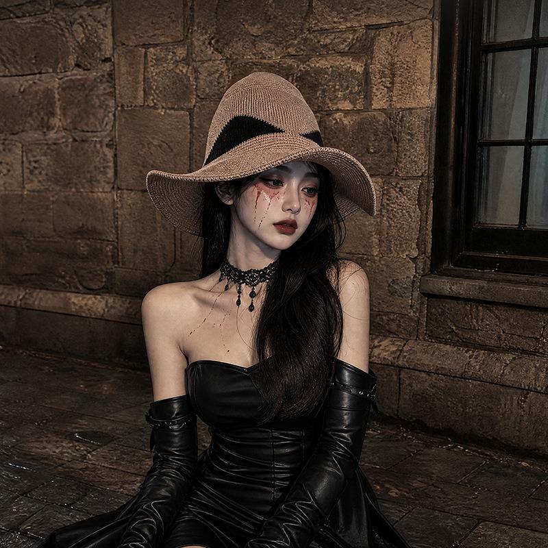 Halloween Party Color Blocked Knit Witch Hat Dark Style Cosplay Hat