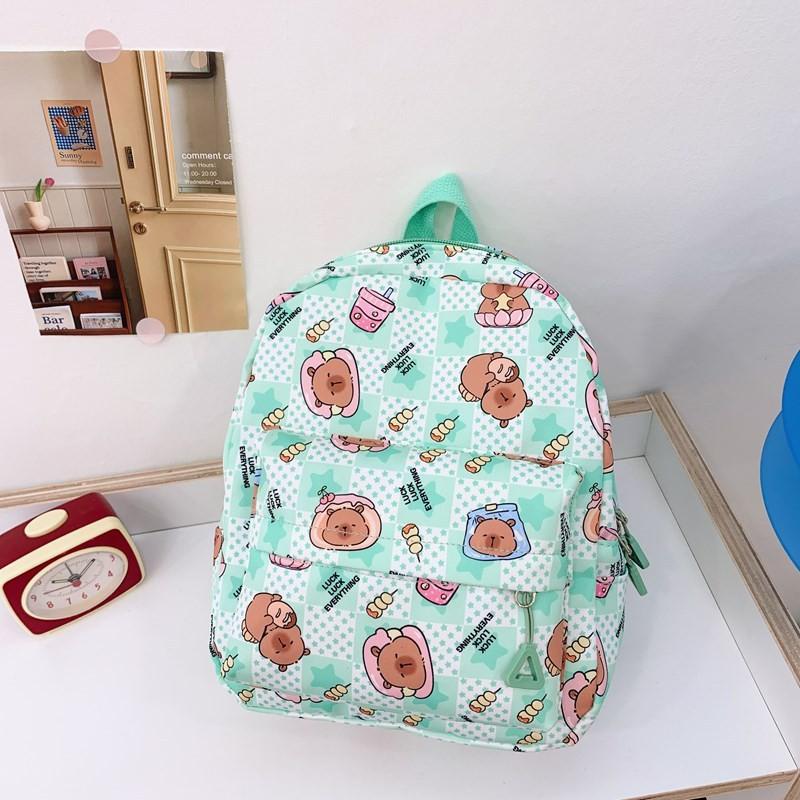 Cute Pudding Capybara Milk Tea Checkered Cartoon Pattern Children Backpack For Kindergarten Kids S зелёный