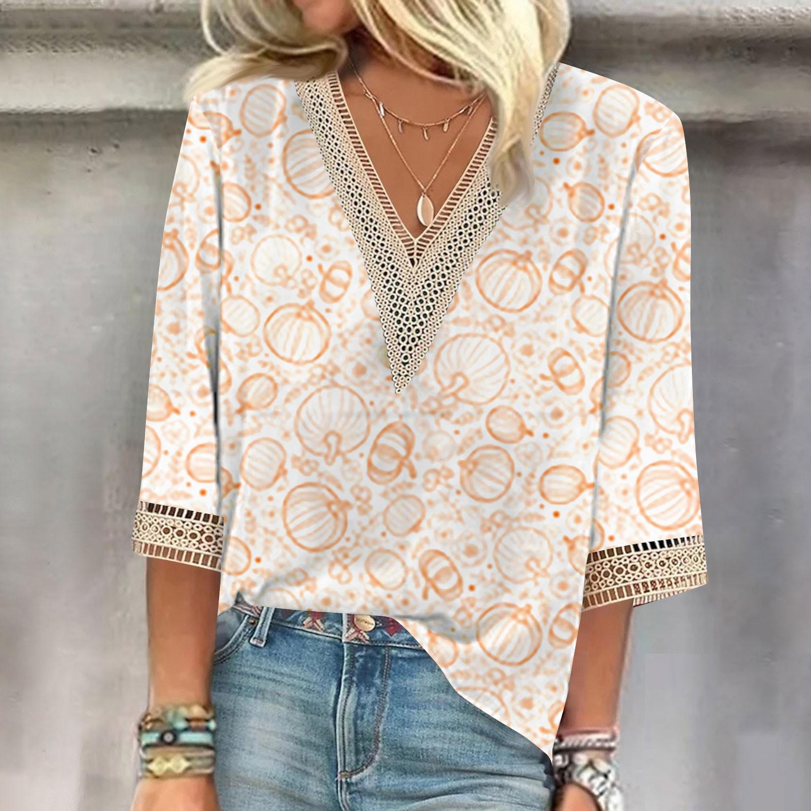 Women s Fashion Casual Cropped Lace Sleeves Halloween Print V-Neck Top L