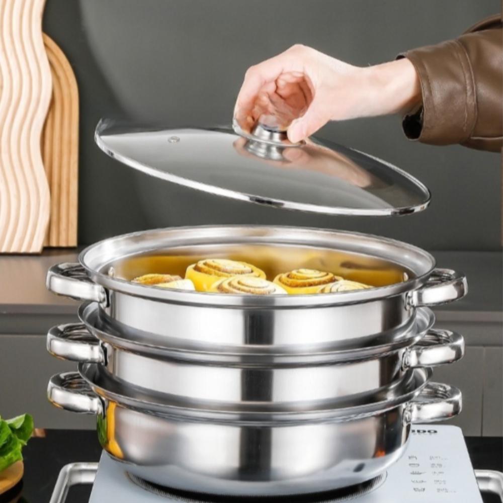 3 Tier Stainless Steel Steamer with Glass Lid 28cm Steaming Cooker Thickened Cookware Multifunctional Cooking Pot