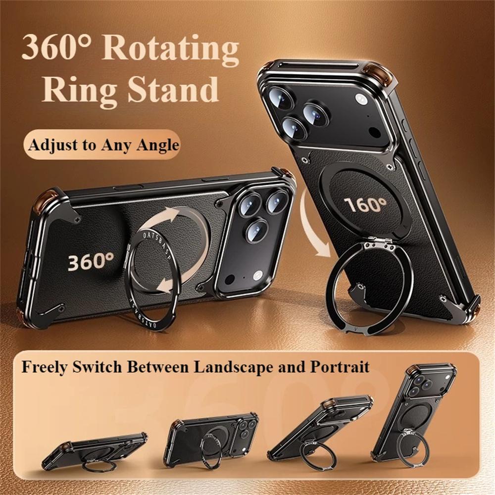 Luxury Genuine Leather for Magsafe Magnetic Wireless Charge Case for iPhone 17 16 15 14 13 Pro Max 360° Rotatable Ring Stand Shockproof Cover