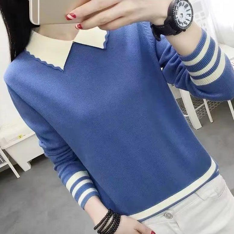 

Детский воротник, контрастный цвет, вязаный свитер с длинными рукавами, облегающий универсальный топ 2XL синий