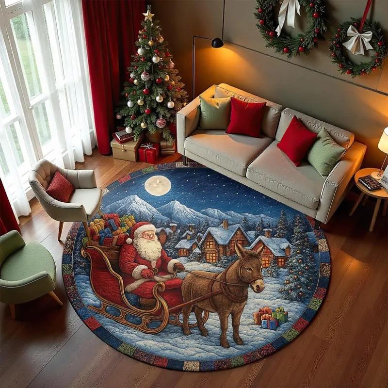 Christmas Round Carpet Gift Giving Santa Claus 3D Printed Decorative Rug Living Room Christmas Party Decoration Anti Slip Mat