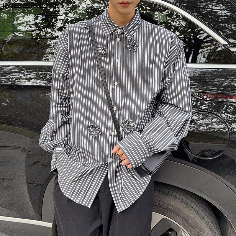 

INCERUN Men Lapel Neck Long Sleeve Striped Flowers Casual Oversized Shirts 5XL синій