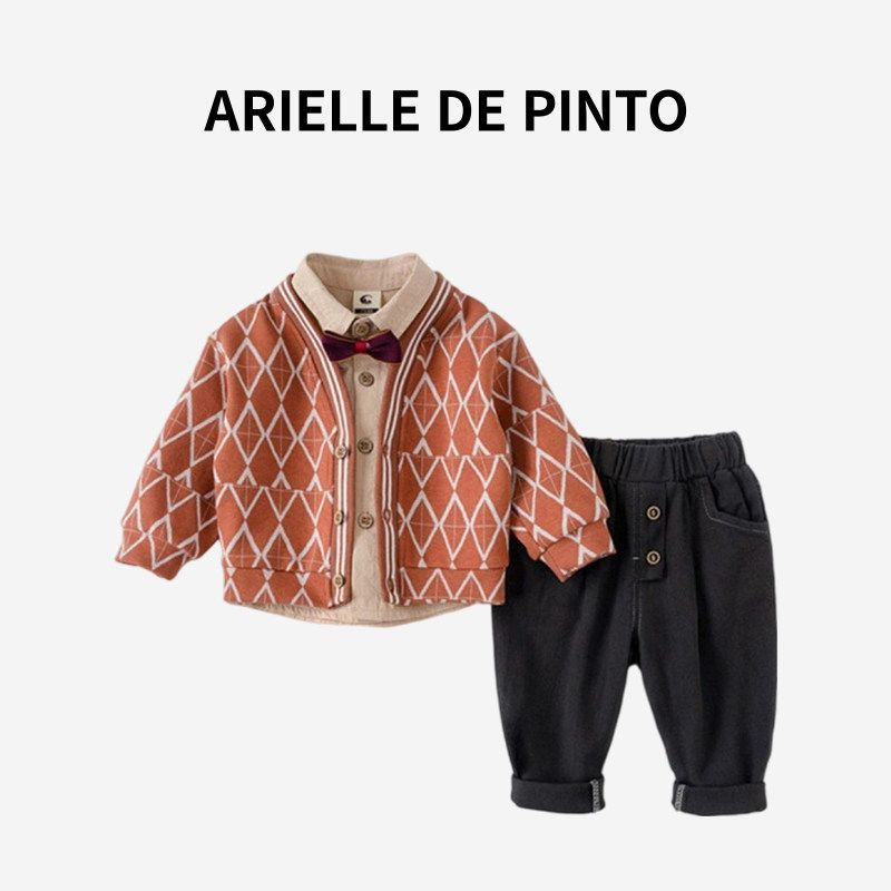 French Arielle De Pinto Boys Suit, Spring and Autumn Style, British Style, Stylish, Handsome and Exquisite Three-Piece Set Orange Knitted Three-Piece Shirt and Tie Set 80