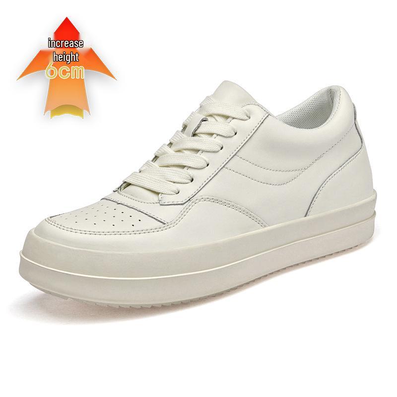 Men’s Spring Leather Breathable Casual Sneakers with Hidden Lift - Trendy and Versatile in White 37
