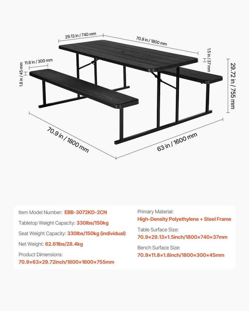 Picnic Table Foldable Steel Camping Table Chair Garden Indoor Outdoor