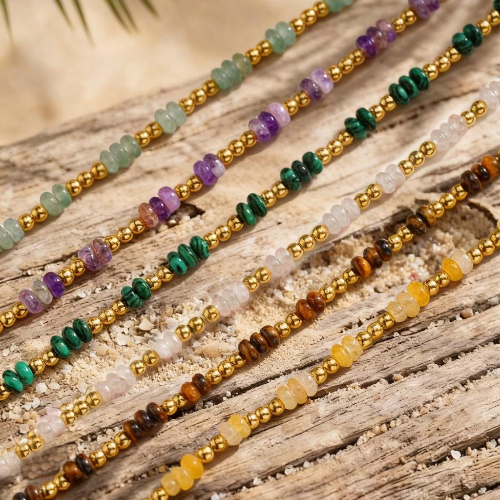 Vnox Natural Stone Small Spacer Beads OT Ring-clasps Chain Bracelet for Women, Amethysts Malachite Green Aventurine Bracelets