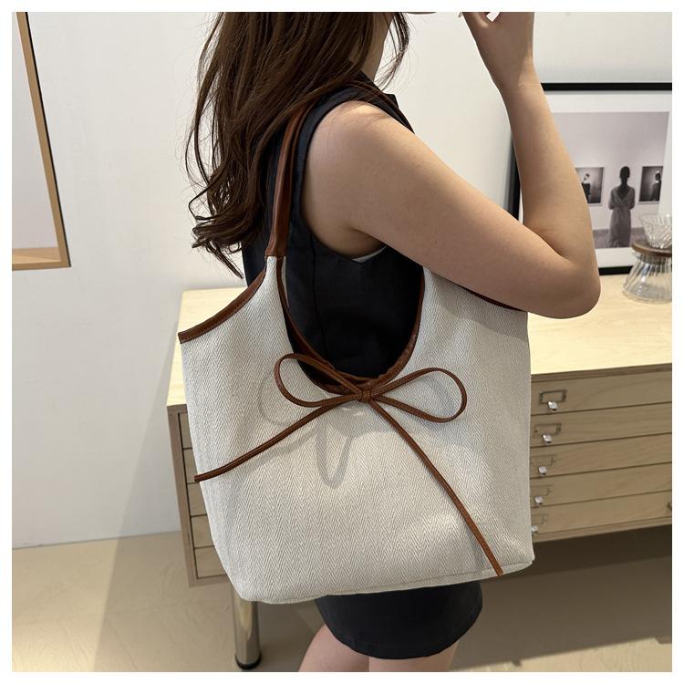 Korean Style Patchwork Canvas Tote Bag Fashion Commuter Handbag with Bow Tie Strap Casual Large Capacity Shoulder Purse CLE