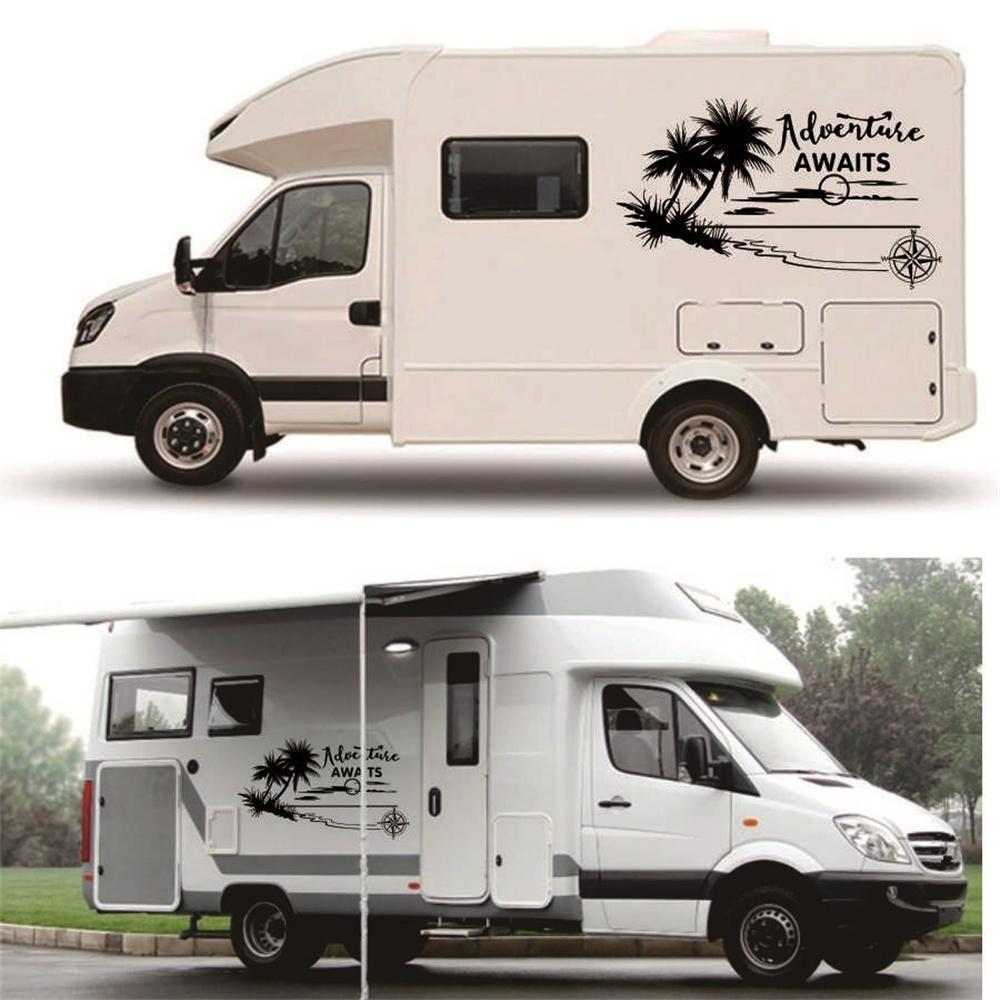 Caravan Camper Motorhome Body Stickers Coconut Tree Compass Graphic Decals Black