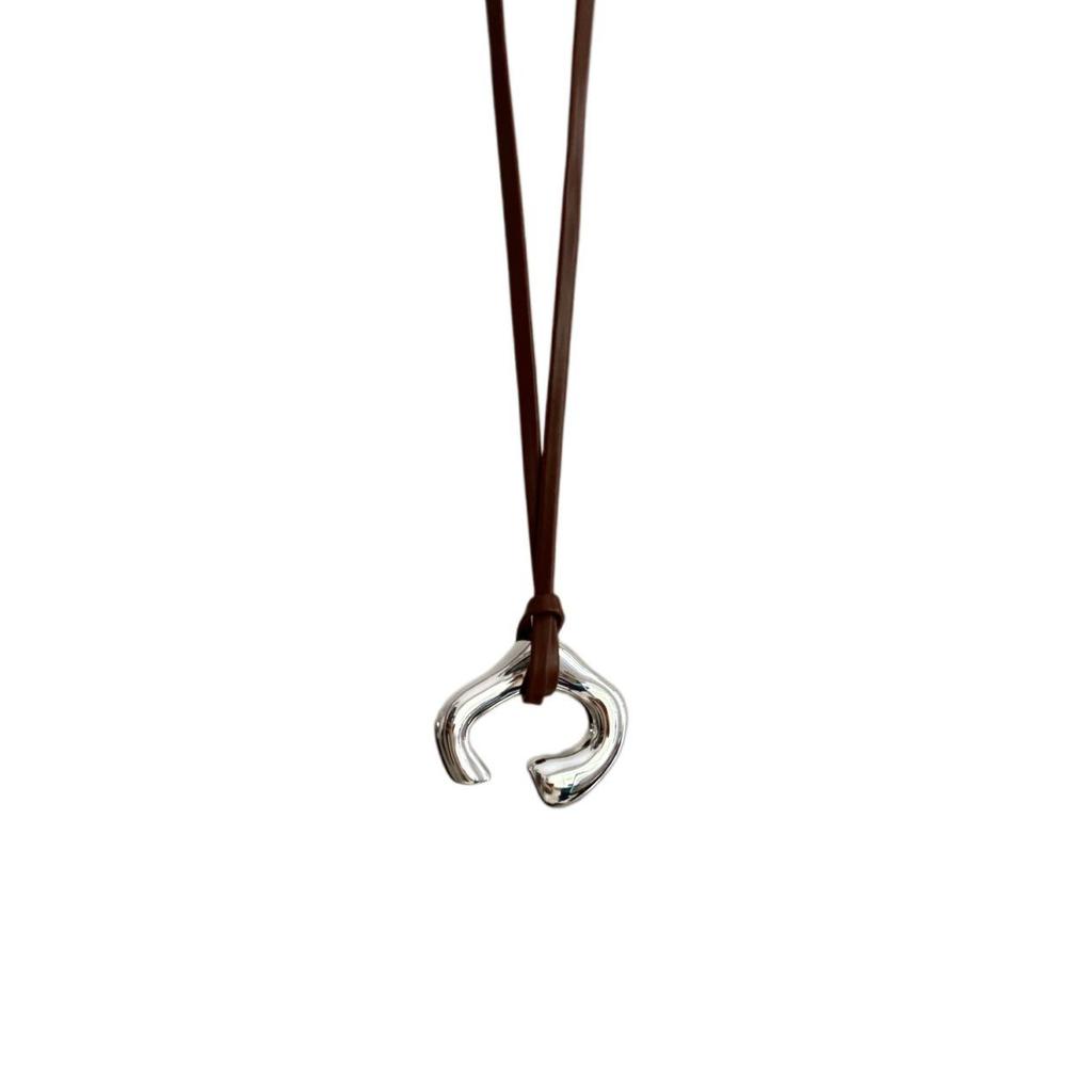 New Korean Brown Leather Cord Necklace with Abstract Human Body Silver Pendant - Light Luxury Clavicle Chain