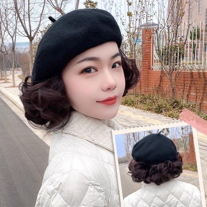 

1Pcs Warm Wig Plain Cap Fashion Felt Berets With Curly Hair Beret Hat Attached Wig Casual Felt Berets For Women A2