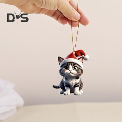 Christmas Cat Pendant Acrylic Santa Hat Cartoon Cat Hanging Decoration Key Ring Kitten Pendant Christmas Tree Decor Gift for Cat Lovers