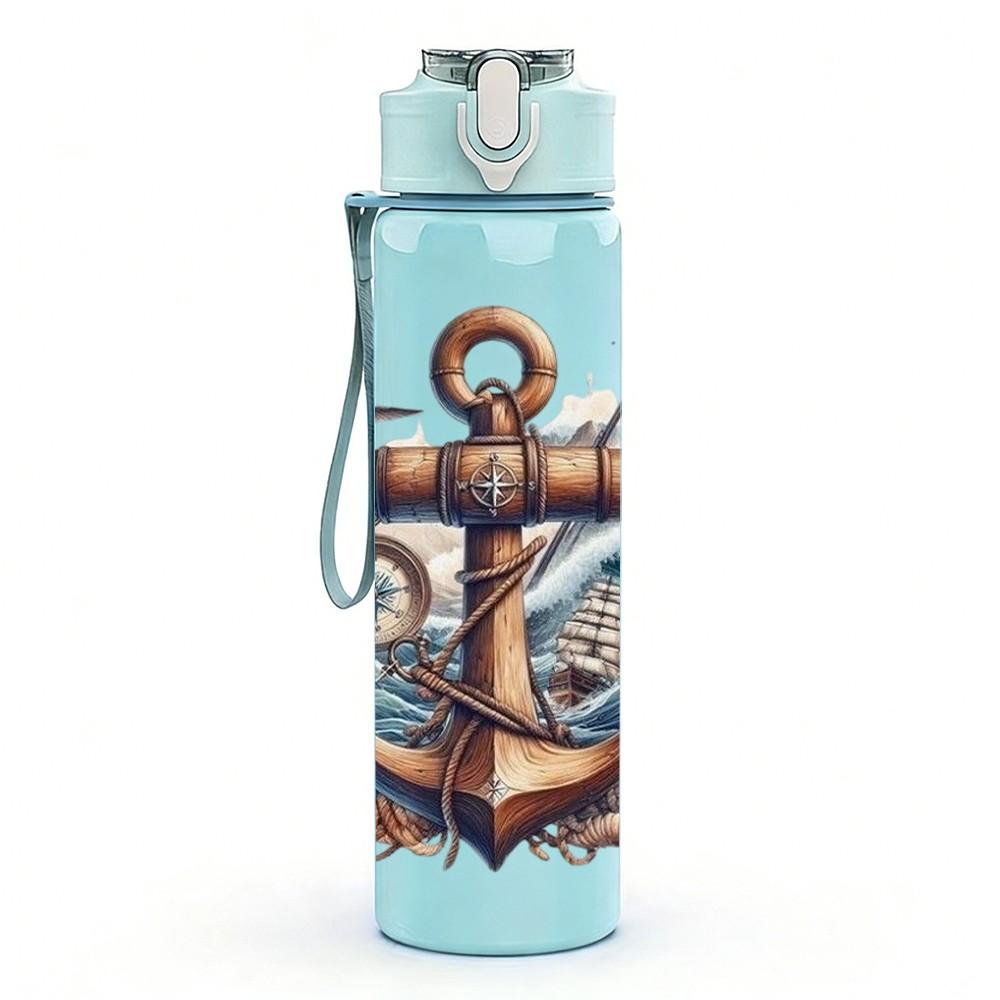 1PC Anchor Rose Nautical Pattern 750ml Color Plastic Sports Water Bottle Leakproof Flip Straw Lid Suitable for Sports Office Home Use