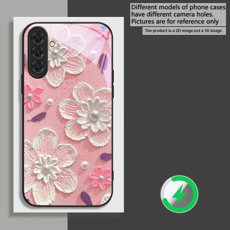 Cream rice white petals suitable for Samsung Galaxy S26 Ultra S20 FE S21 S22+ S23 Plus S24 Ultra 25 Edge black Glass Phone Casee